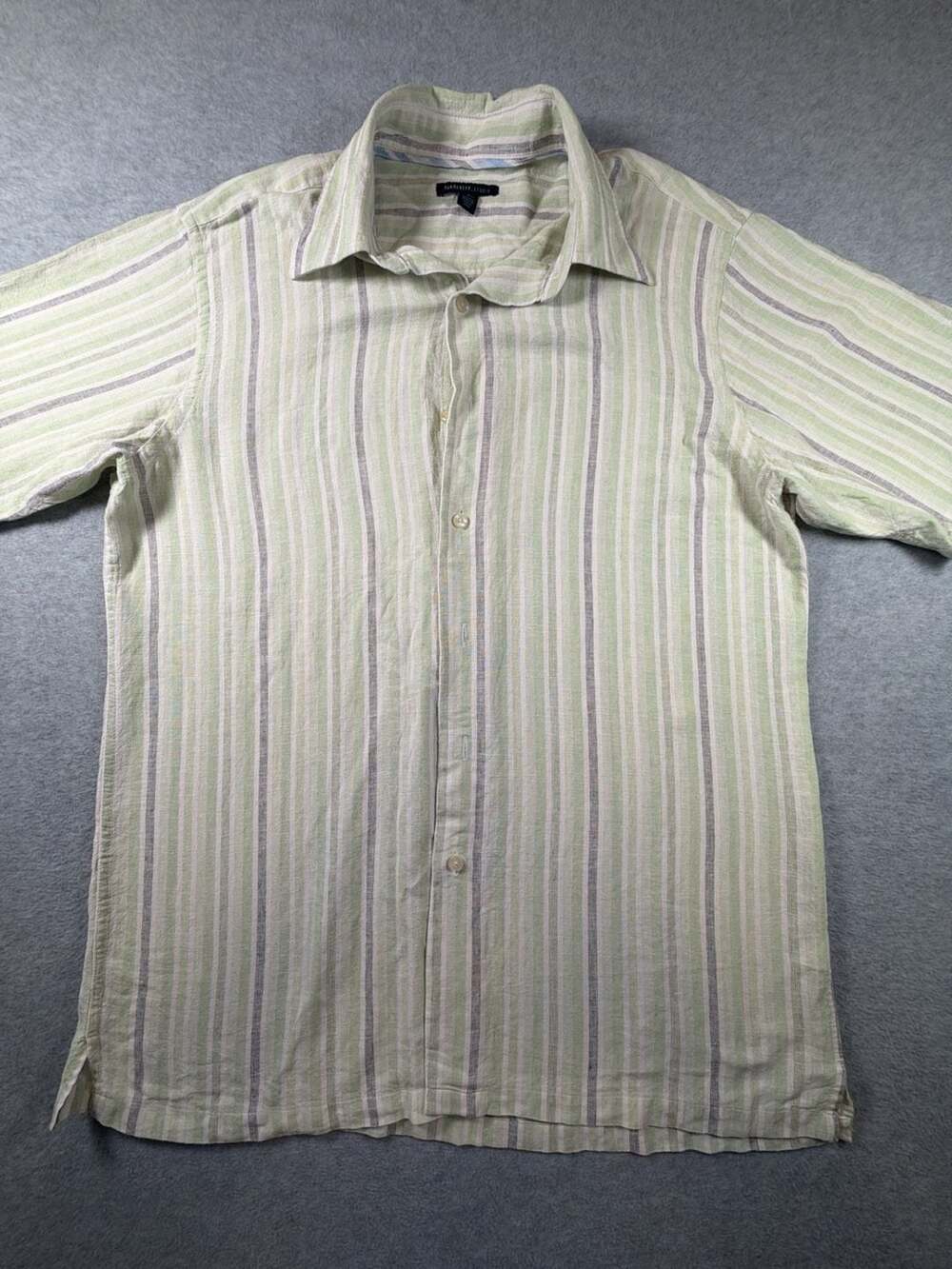 Van Heusen Studio Men's Green Striped Short Sleeve Linen Blend Shirt